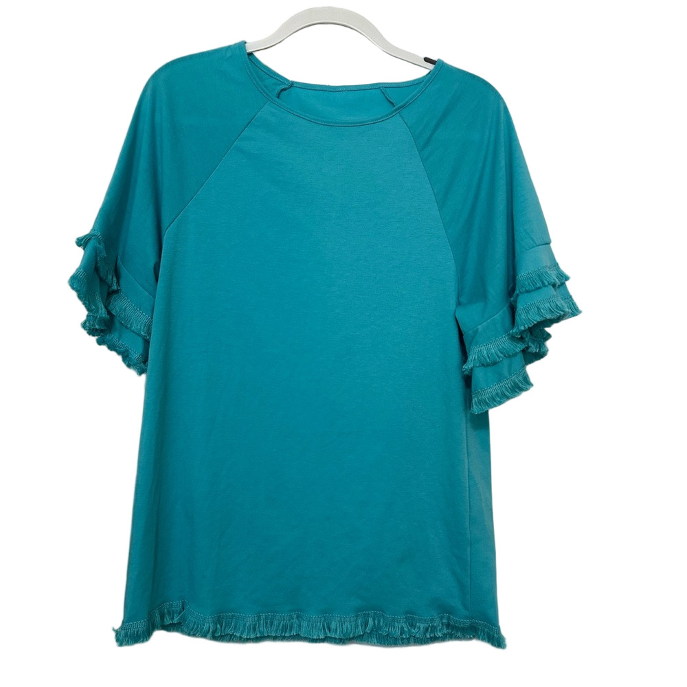 Loveliness Boutique Teal Fringed Sleeve and Hem Women's Top